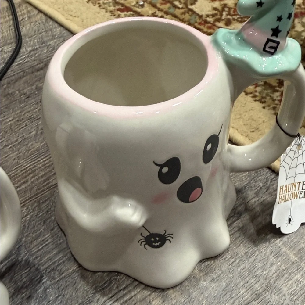 2 Ghost Shaped Mugs with Witch Hat Handles